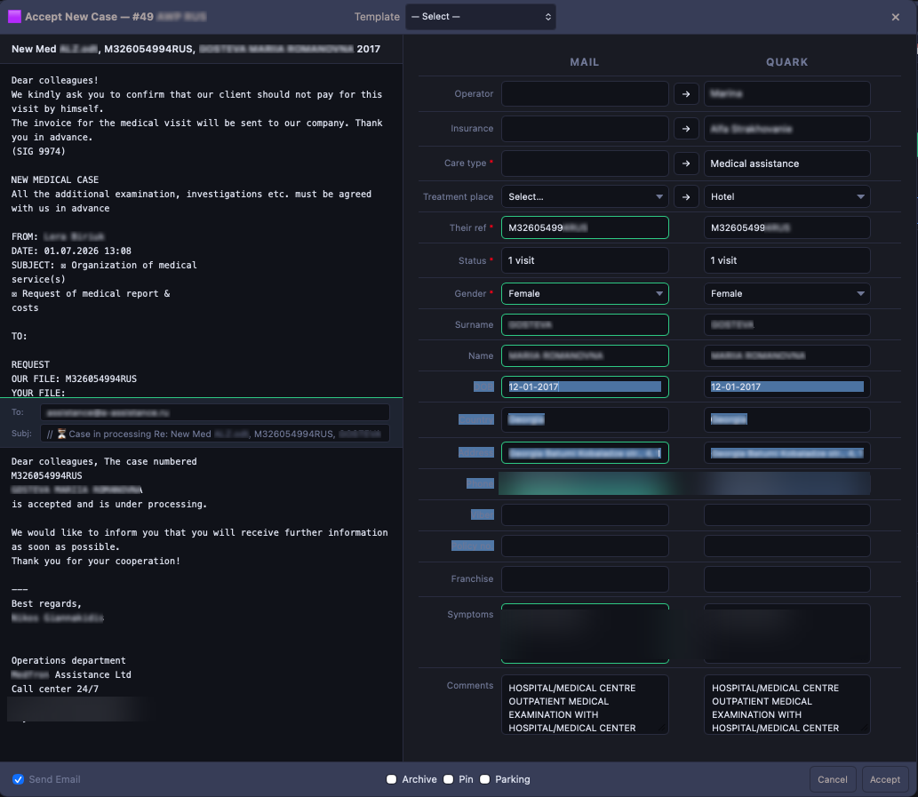 Case intake — accept screen in Quark