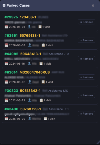 Parking — cases parked screen in Quark