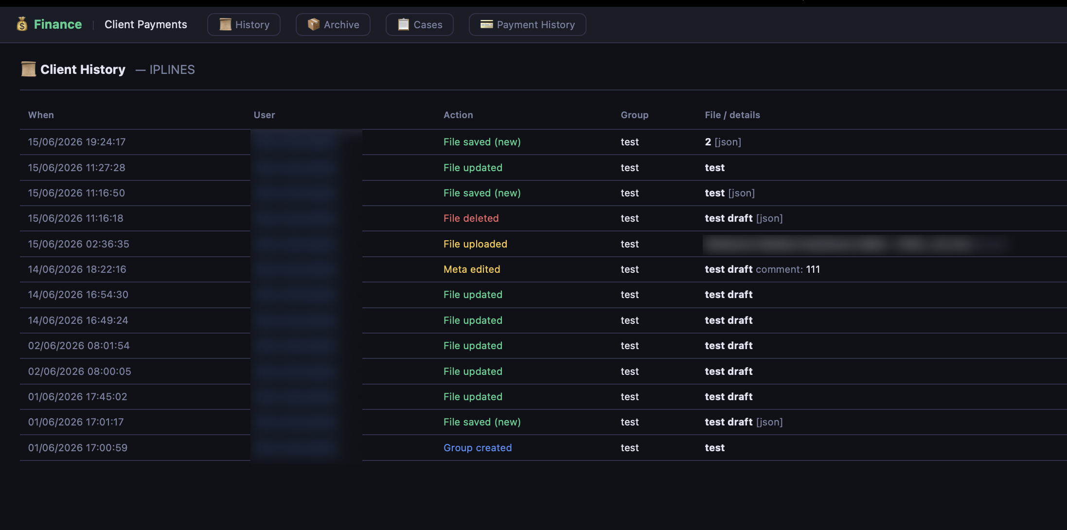 Finance — client history screen in Quark