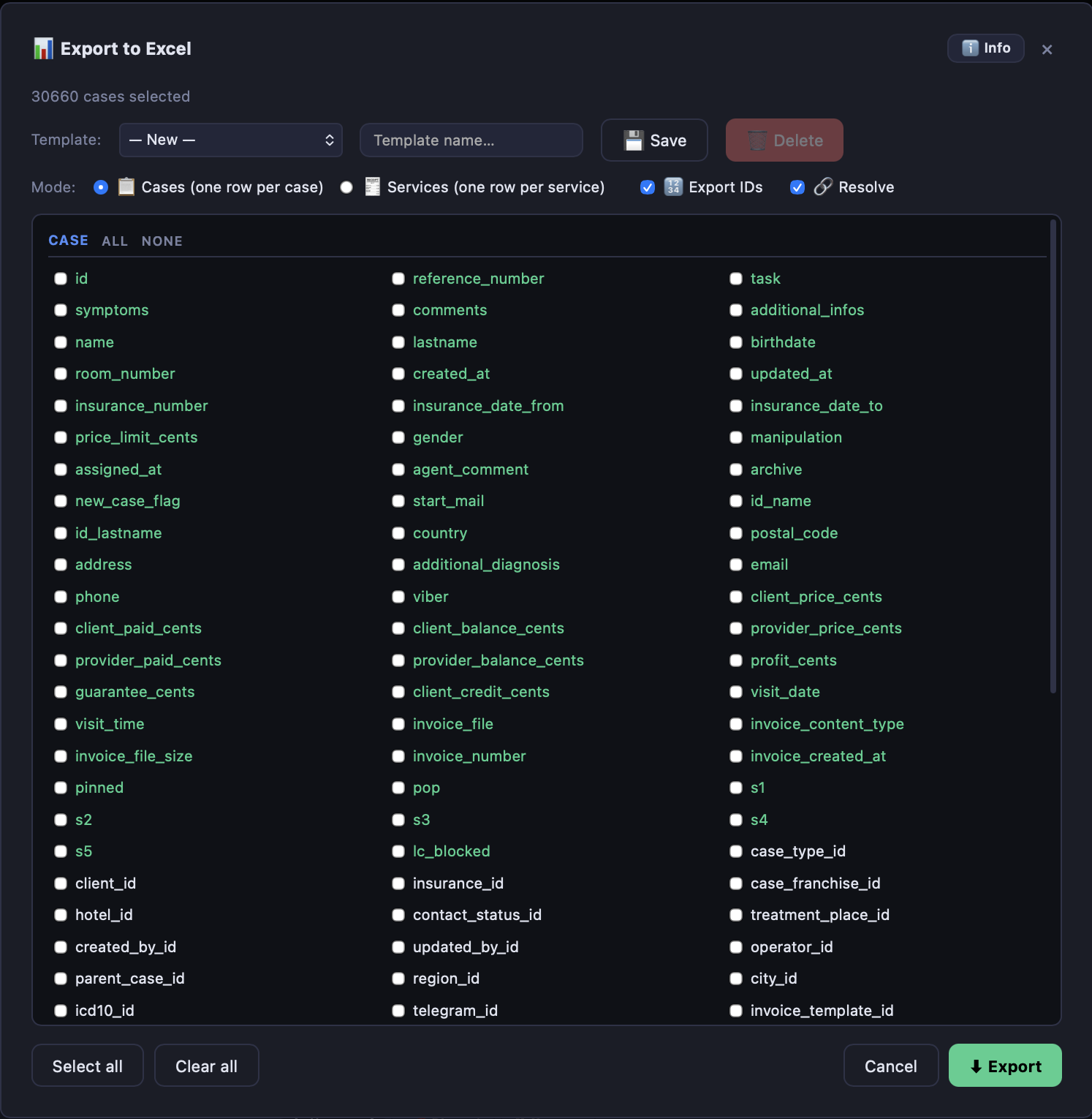 Finance — export screen in Quark