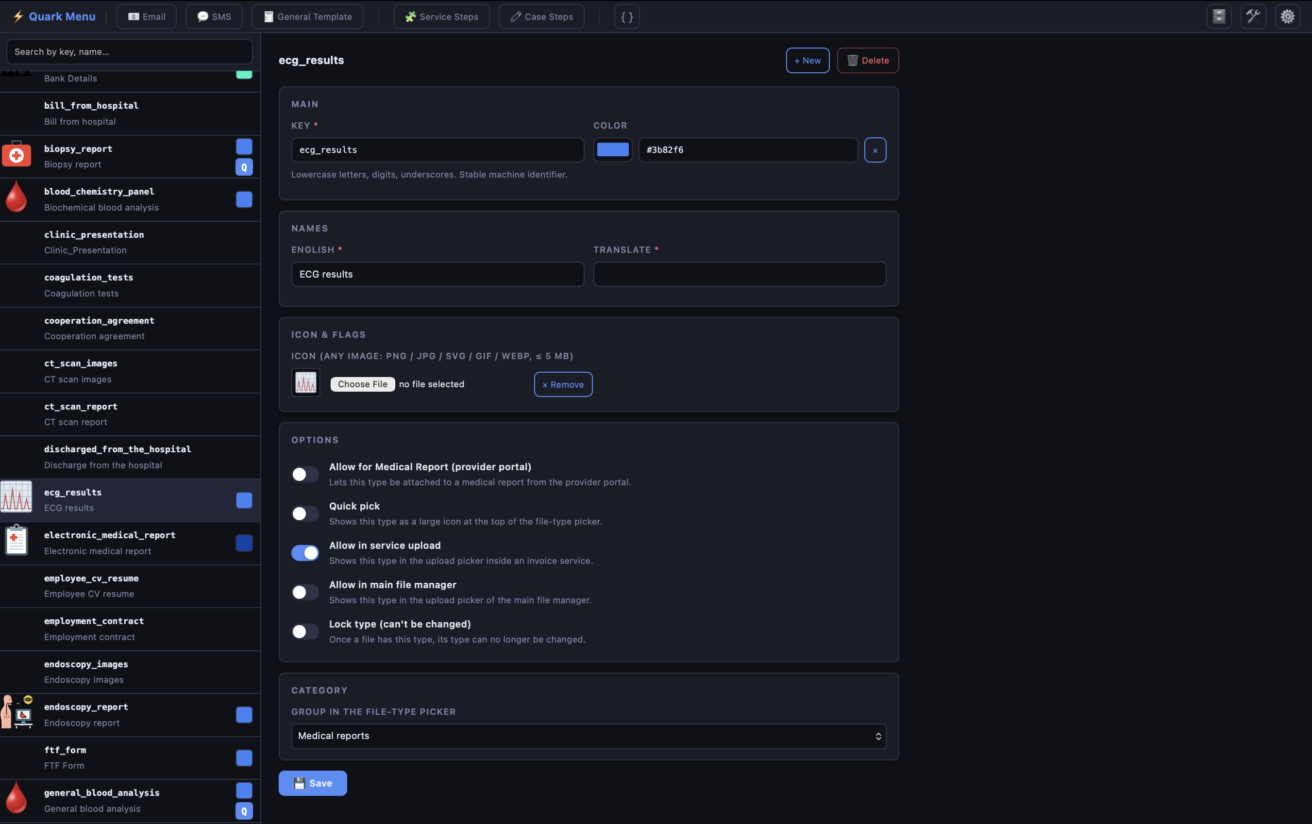 Settings — file type edit screen in Quark