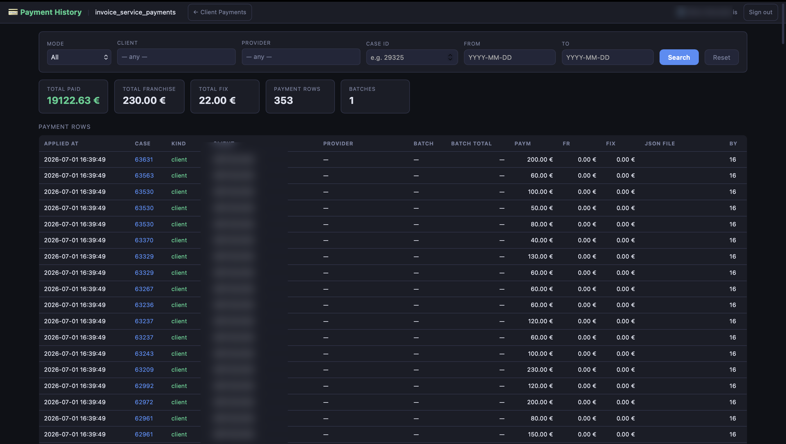 Finance — payment history screen in Quark