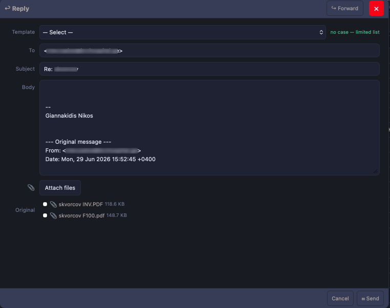Mail — reply screen in Quark