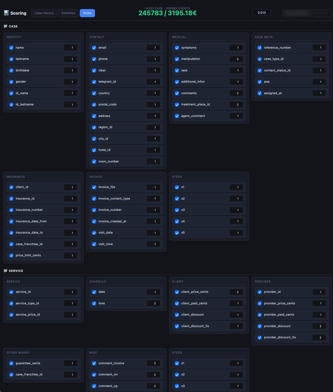 Scoring — scoring rules screen in Quark