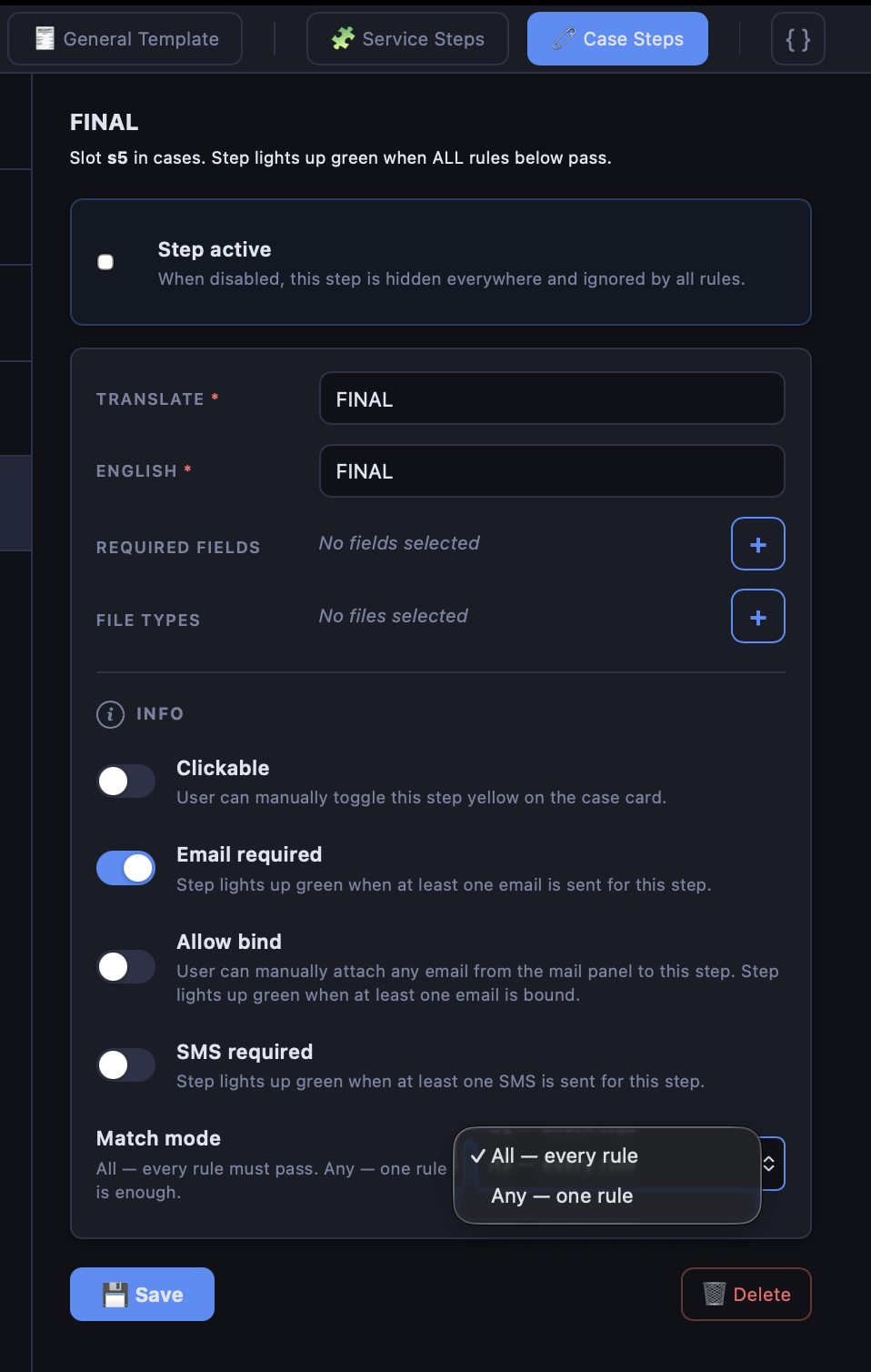 Settings — steps screen in Quark